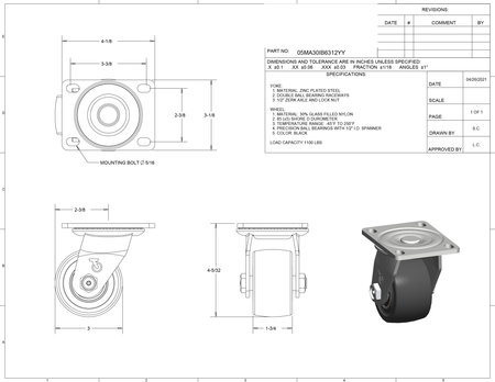 3" x 1-13/16" MaxRok Heavy Duty Machine Swivel Caster 1000 lbs. Cap. - Durable Superior Casters
