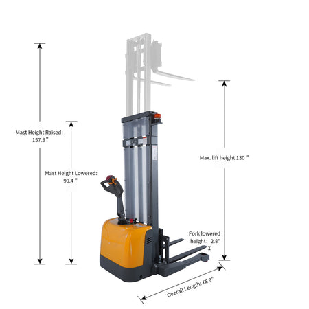 Apollo Forklift full electric walkie stacker, 3300 lb capacity, straddle legs, 130 in lift, model A-3049