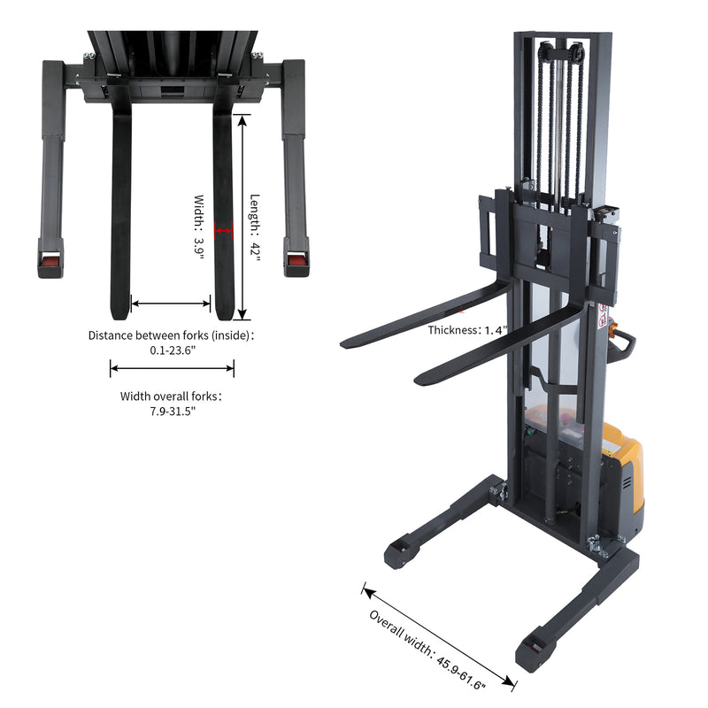 Apollo Forklift full electric walkie stacker, 3300 lb capacity, straddle legs, 130 in lift, model A-3049