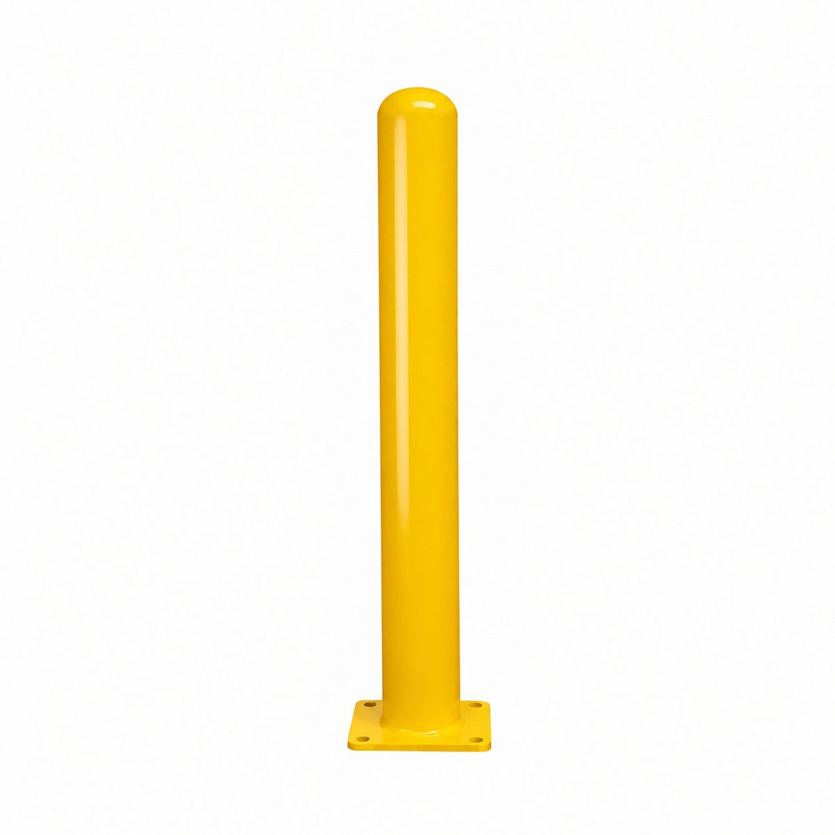 Representative 36-inch model: Front view of the BBPCS436 yellow steel bollard, 4 x 36 inches, with a square mounting baseplate. Used for the BBPCS442 42-inch preorder.