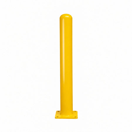 Representative 36-inch model: Front view of the BBPCS436 yellow steel bollard, 4 x 36 inches, with a square mounting baseplate. Used for the BBPCS442 42-inch preorder.