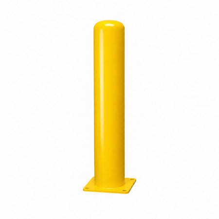 Representative 36-inch model: Full view of the BBPCS636 yellow steel bollard, 6 x 36 inches, with a square mounting baseplate. Used for the BBPCS642 42-inch preorder.
