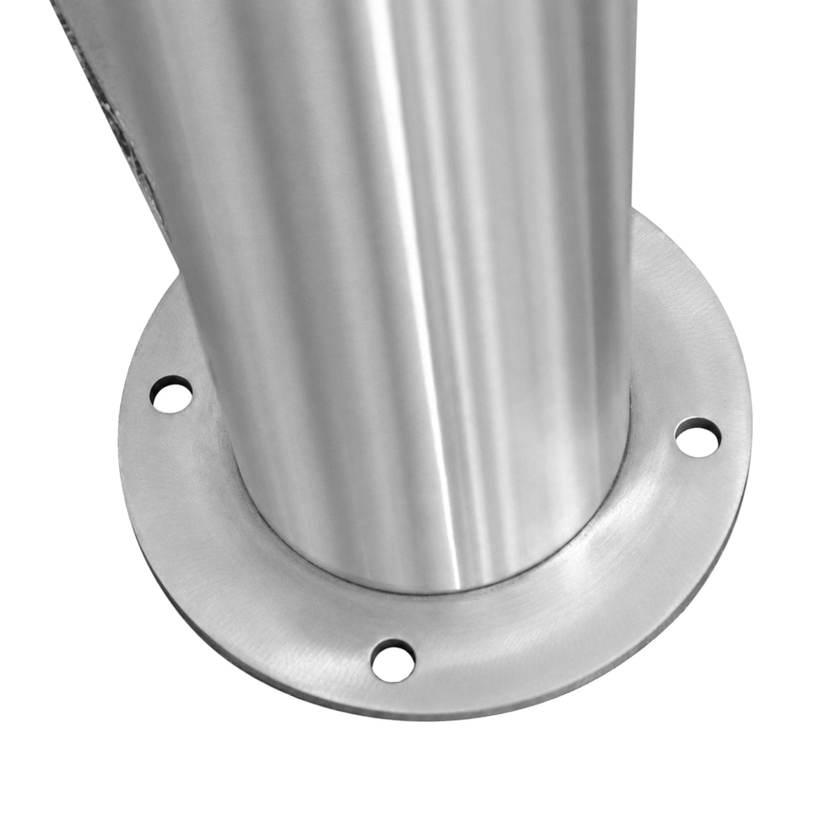 Representative 36-inch model: Round stainless steel baseplate and anchor holes on the BBPSS436 surface-mount bollard. Used for the BBPSS442 42-inch preorder.