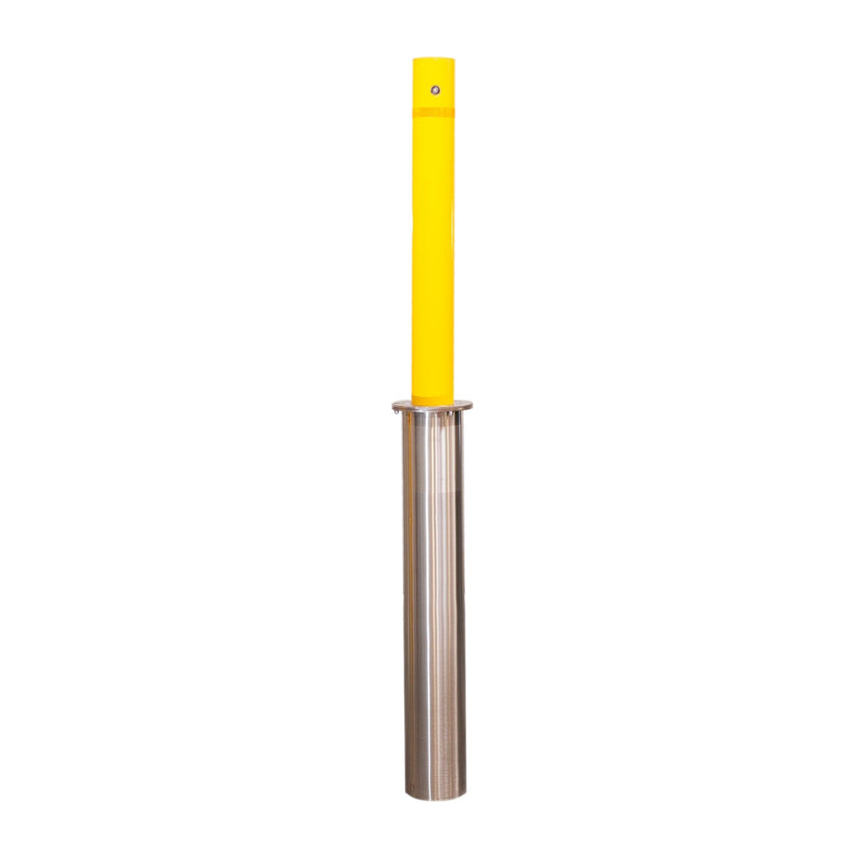 Retractable Yellow Steel Bollard - 4" x 36" Drop-Down Security Post - S4 Bollards