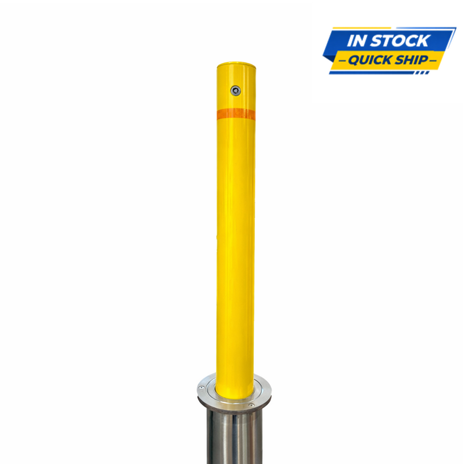 Retractable Yellow Steel Bollard - 4" x 36" Drop-Down Security Post - S4 Bollards
