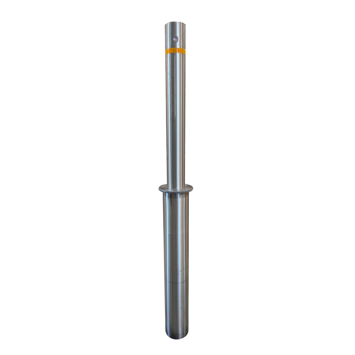 4" x 36" Retractable Stainless Steel Bollard with a yellow reflective band