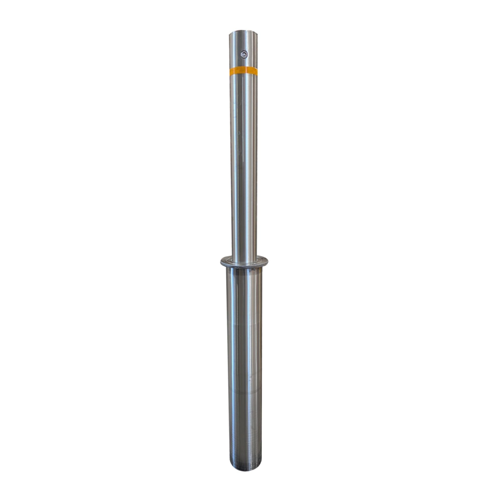 4" x 36" Retractable Stainless Steel Bollard with a yellow reflective band