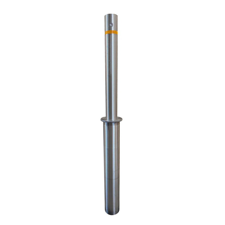 4" x 36" Retractable Stainless Steel Bollard with a yellow reflective band