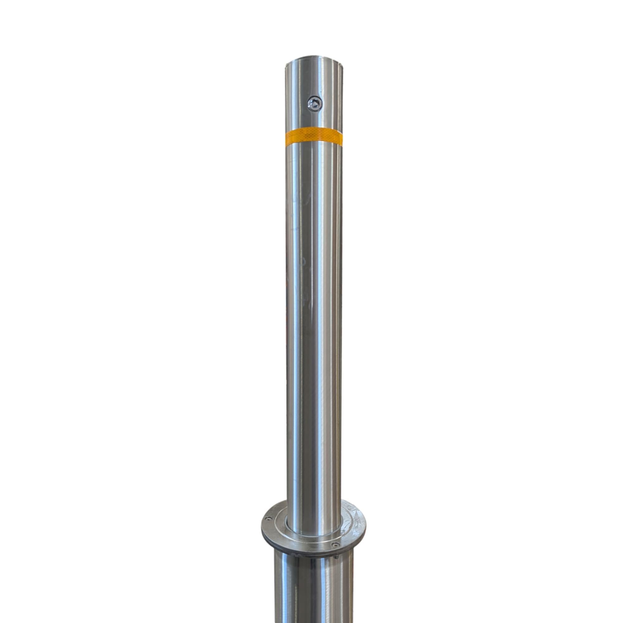 4" x 36" Retractable Metal bollard with a yellow reflective band
