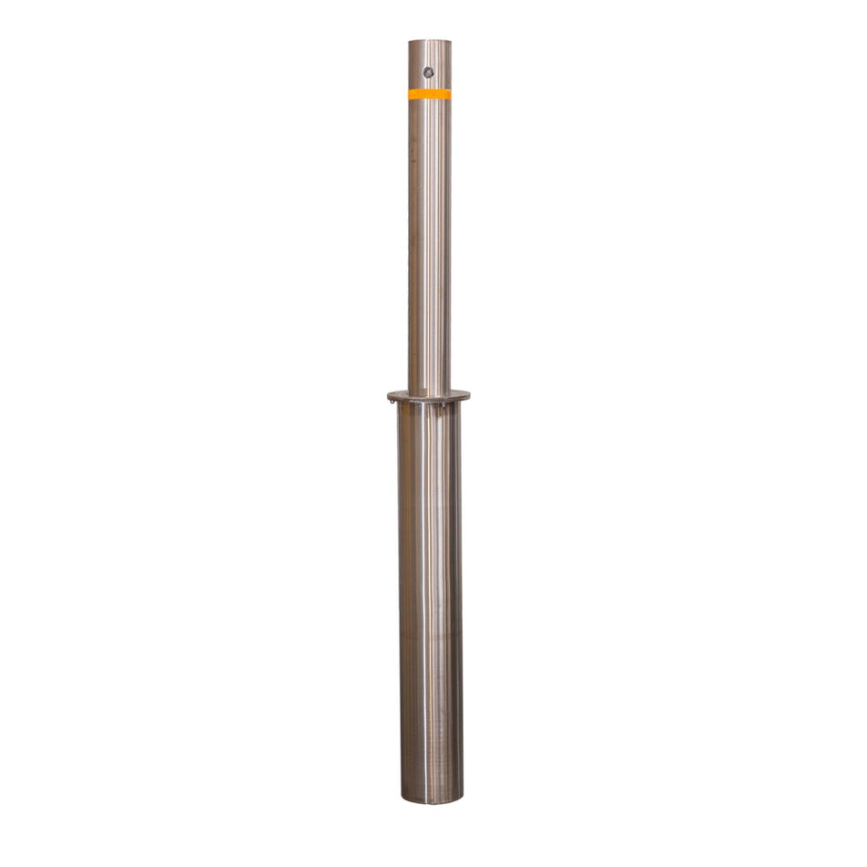 4" x 36" Retractable Stainless Steel Bollard with a yellow reflective band