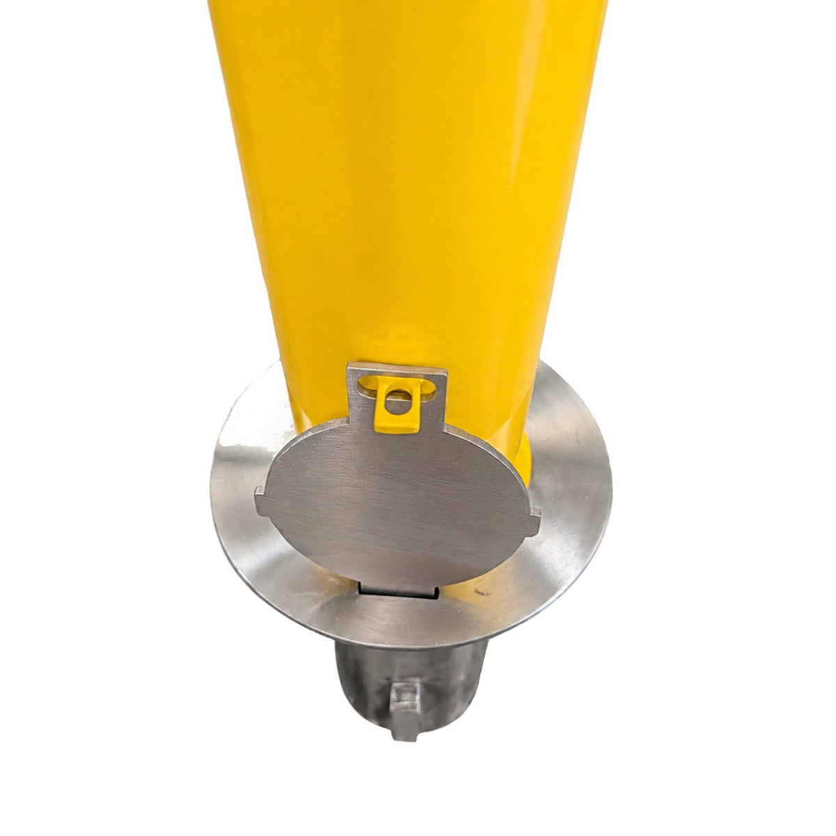 Representative 36-inch model: Close-up of the hinged sleeve cover and locking tab on the BRCS436+SLV40 removable yellow bollard. Used for the BRCS442+SLV40 42-inch preorder.