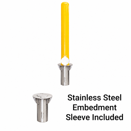 Representative 36-inch model: BRCS436+SLV40 removable yellow bollard with a separate view of the included stainless steel embedment sleeve. Used for the BRCS442+SLV40 42-inch preorder.