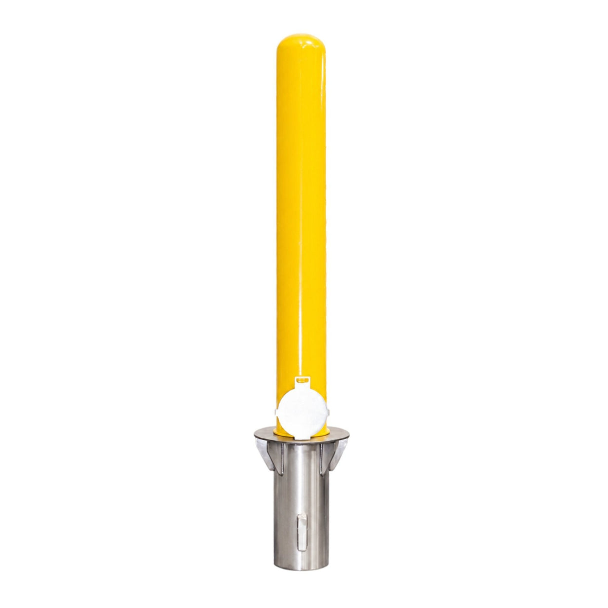 Representative 36-inch model: BRCS436+SLV40 yellow removable steel bollard seated in its stainless steel ground sleeve. Used for the BRCS442+SLV40 42-inch preorder.