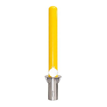 Representative 36-inch model: BRCS436+SLV40 yellow removable steel bollard seated in its stainless steel ground sleeve. Used for the BRCS442+SLV40 42-inch preorder.