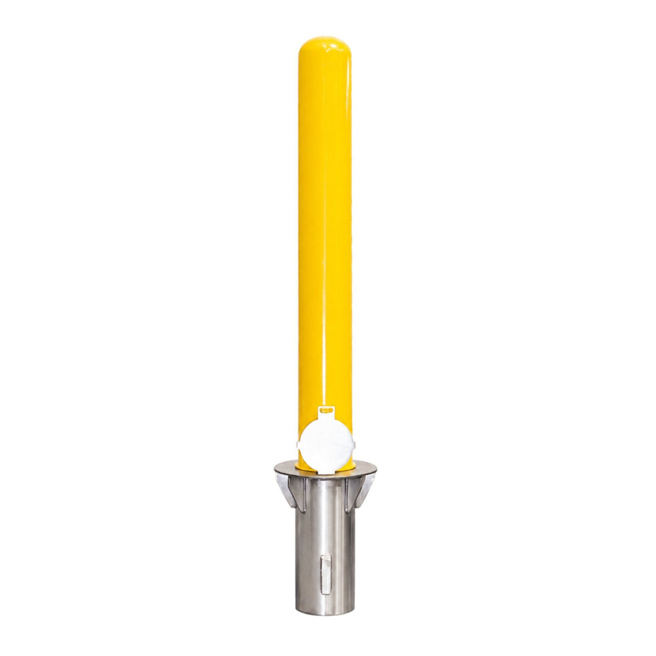 Representative 36-inch model: BRCS436+SLV40 yellow removable steel bollard seated in its stainless steel ground sleeve. Used for the BRCS442+SLV40 42-inch preorder.