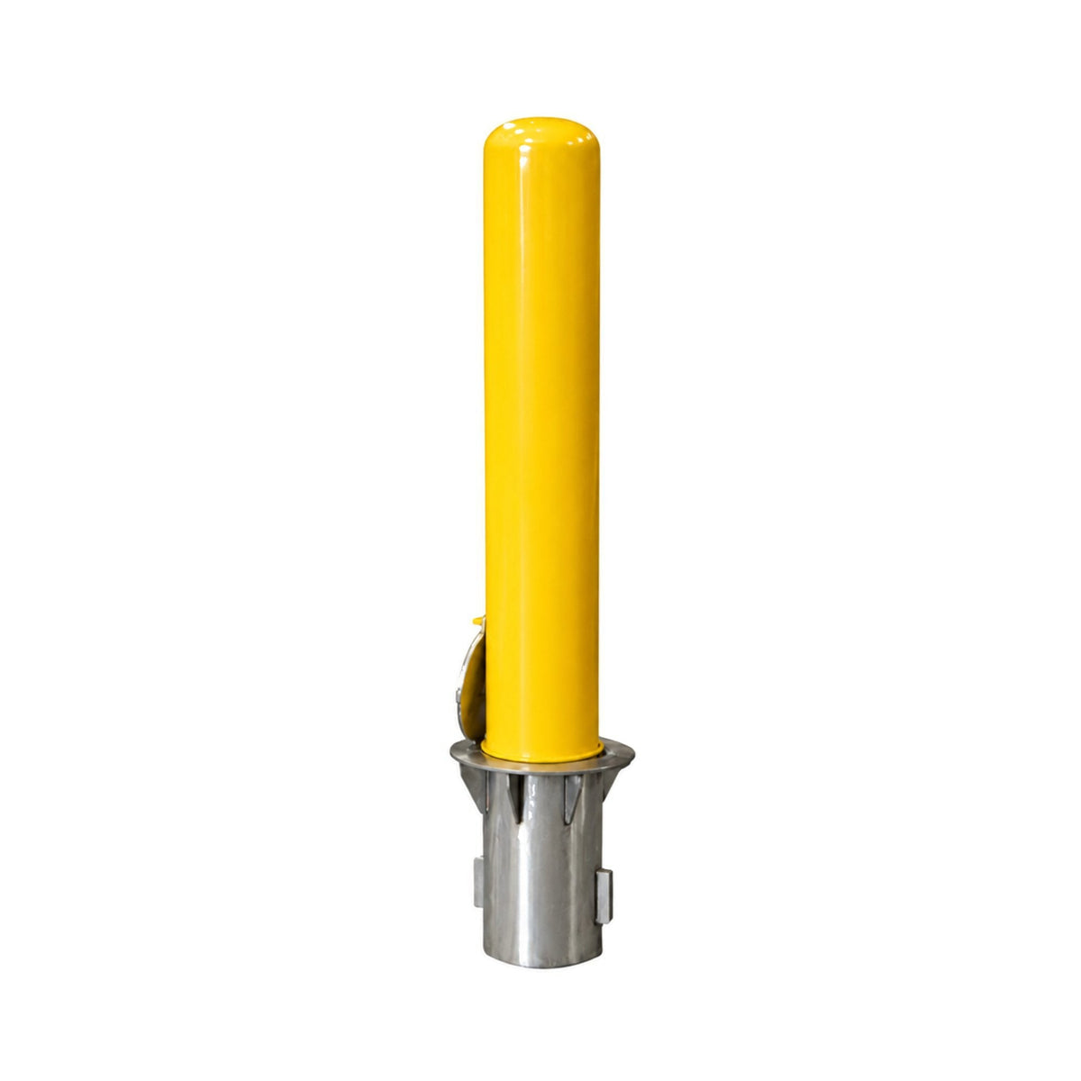 Representative 36-inch model: BRCS636+SLV60 yellow removable steel bollard seated in its stainless steel ground sleeve, side view. Used for the BRCS642+SLV60 42-inch preorder.