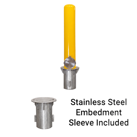 Representative 36-inch model: BRCS636+SLV60 removable yellow bollard with a separate view of the included stainless steel embedment sleeve. Used for the BRCS642+SLV60 42-inch preorder.