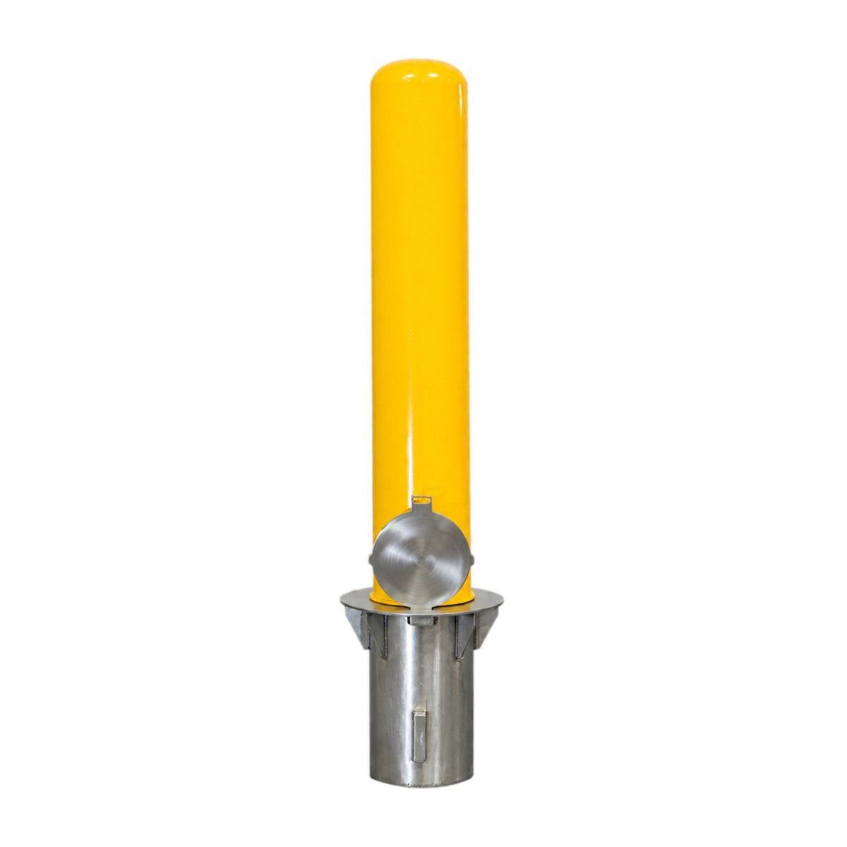 Representative 36-inch model: Front view of the BRCS636+SLV60 yellow removable bollard showing its hinged sleeve cover. Used for the BRCS642+SLV60 42-inch preorder.