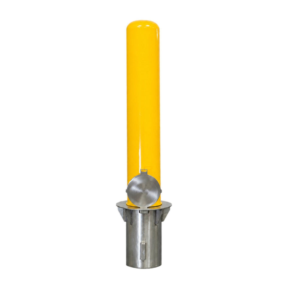 Representative 36-inch model: Front view of the BRCS636+SLV60 yellow removable bollard showing its hinged sleeve cover. Used for the BRCS642+SLV60 42-inch preorder.