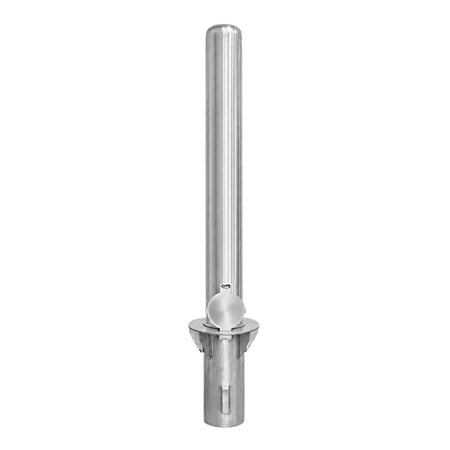 Representative 36-inch model: BRSS436+SLV40 removable stainless steel bollard seated in its ground sleeve with hinged cover. Used for the BRSS442+SLV40 42-inch preorder.