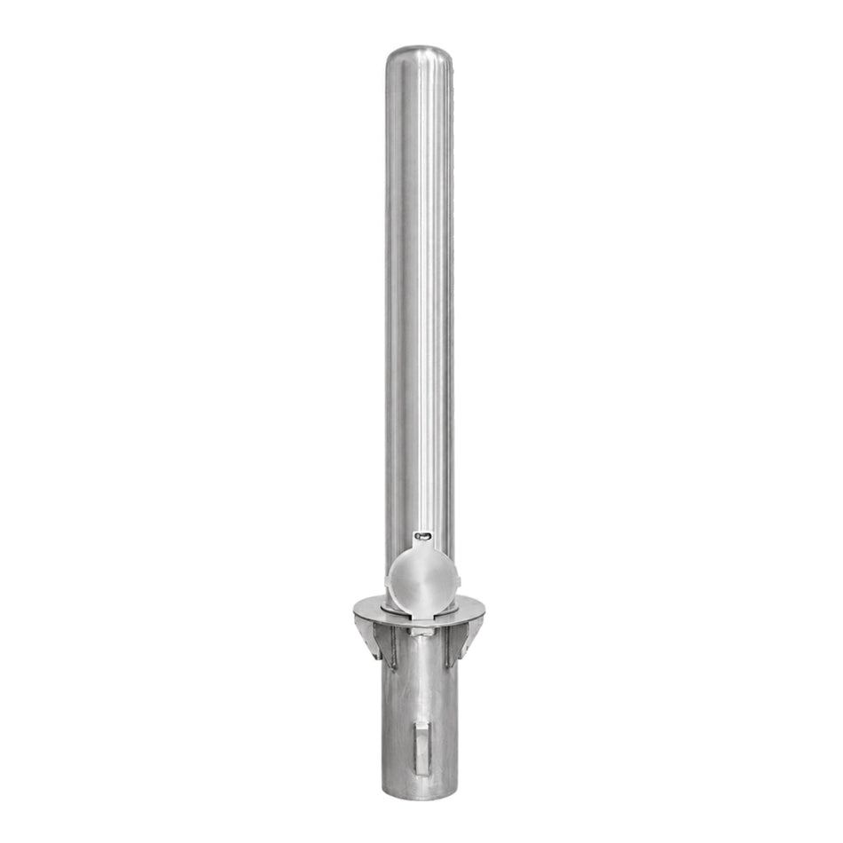 Representative 36-inch model: BRSS436+SLV40 removable stainless steel bollard seated in its ground sleeve with hinged cover. Used for the BRSS442+SLV40 42-inch preorder.