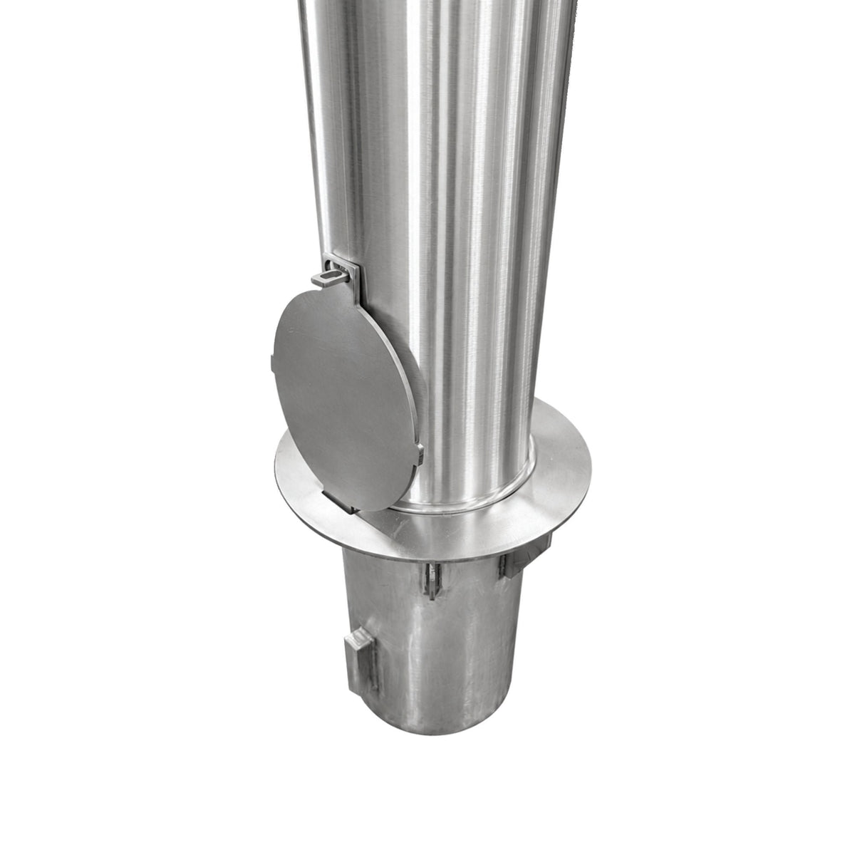 Representative 36-inch model: Close-up of the hinged sleeve cover, collar and ground sleeve on the BRSS636+SLV60 stainless steel bollard. Used for the BRSS642+SLV60 42-inch preorder.