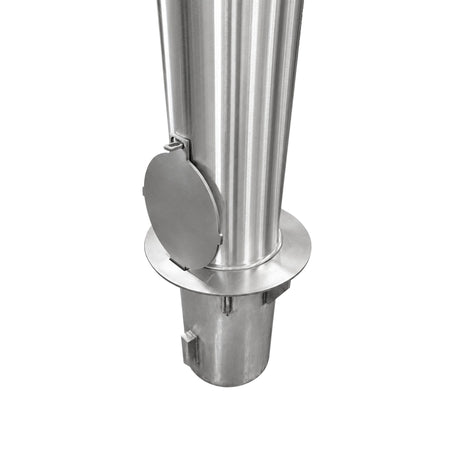 Representative 36-inch model: Close-up of the hinged sleeve cover, collar and ground sleeve on the BRSS636+SLV60 stainless steel bollard. Used for the BRSS642+SLV60 42-inch preorder.