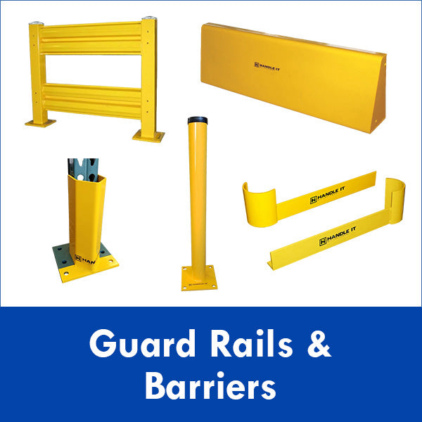 (Guard Rails Image) Available are pallet rack post frame guards, heavy duty post and column protectors, steel safety bollards, corner pipe guards, poly column protectors for weight bearing columns, left and right handed end of aisle rack protectors