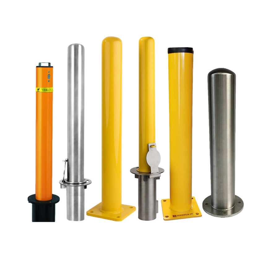 (Bollards Image) Bollards are manufactured from carbon steel with your choice of over 200+ powder coat colors and multiple cap styles. Stainless steel is also available in Type 304 or Type 316 for harsher environments. Stainless steel is polished to a #4