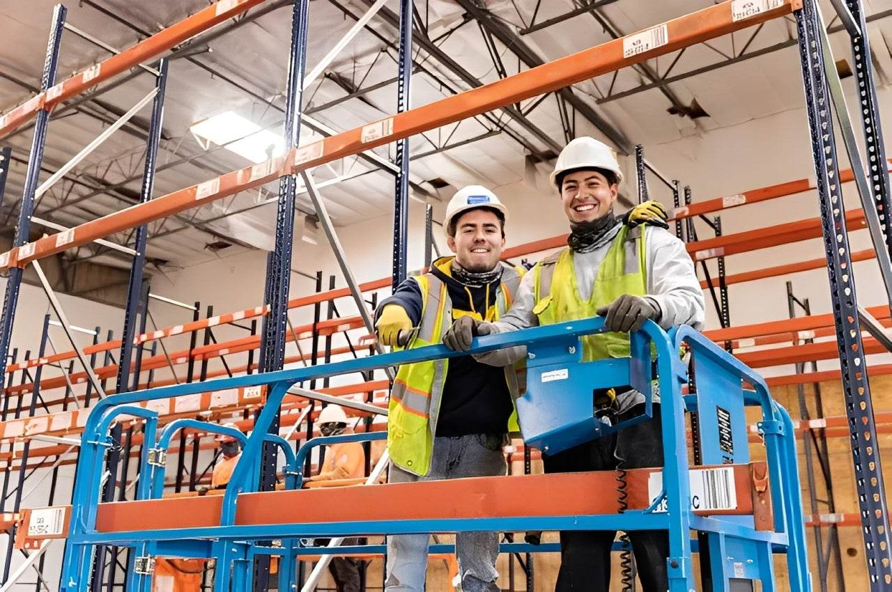 Two industrial workers in safety gear standing on warehouse racks, symbolizing reliable service and product durability.
