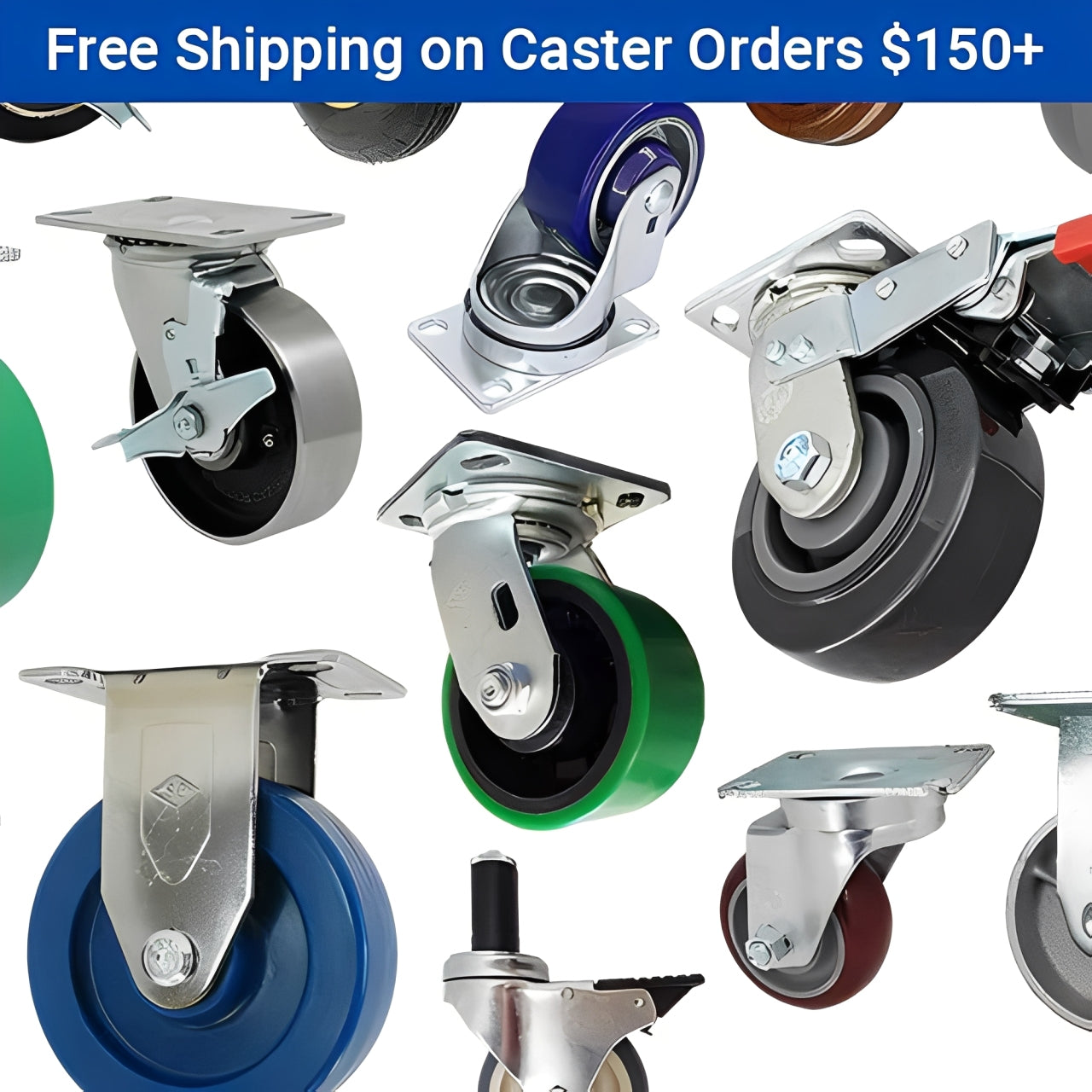 Collection of industrial equipment including yellow guard rails, casters, and pallet lifts showcasing product quality and variety.