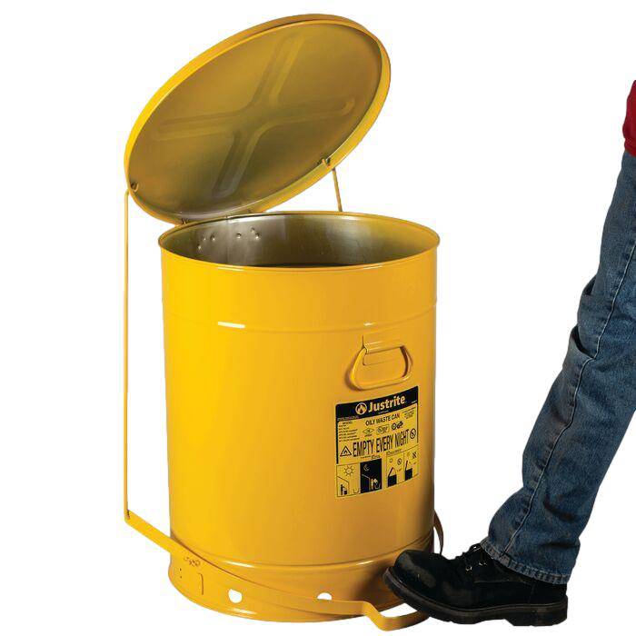 Oily Waste Can, 21 Gallon (80L), Foot-Operated Self-closing Cover (Yellow) - Justrite