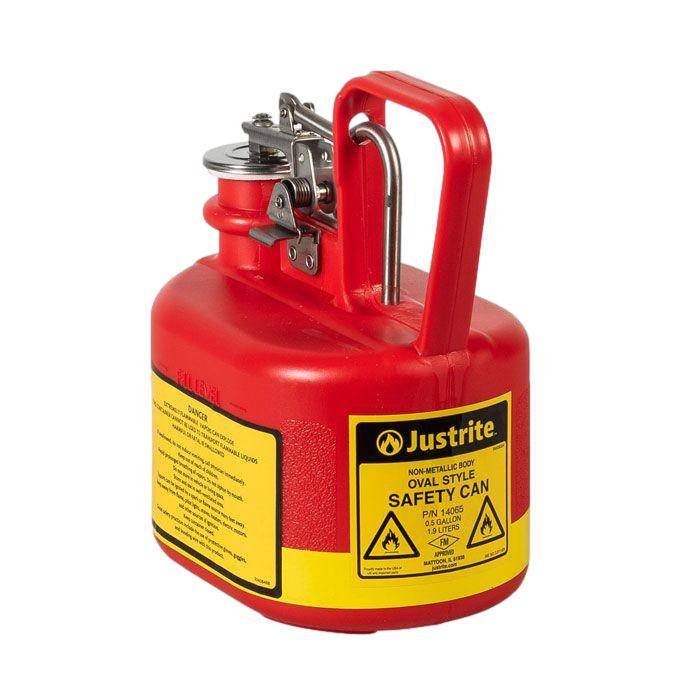 Oval Safety Can for Flammables, S-S Hardware, Flame Arrester, 1-2 Gallon, Self-Close Cap, Poly - Justrite