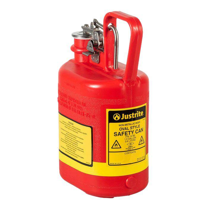 1 Gallon Plastic Safety Can for Flammables, Oval, Flame Arrester, Stainless Steel Hardware, Red - 14160 - Justrite