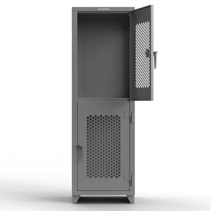 Extra Heavy Duty 14 GA Double-Tier Ventilated Locker, 2 Compartments - 24 in. W x 24 in. D x 75 in. H - Strong Hold