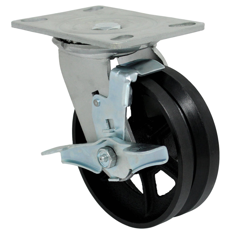 6" x 2" V-Groove Cast Iron Wheel Swivel Caster w/ Top Lock Brake - 1000 lbs. Capacity - Durable Superior Casters
