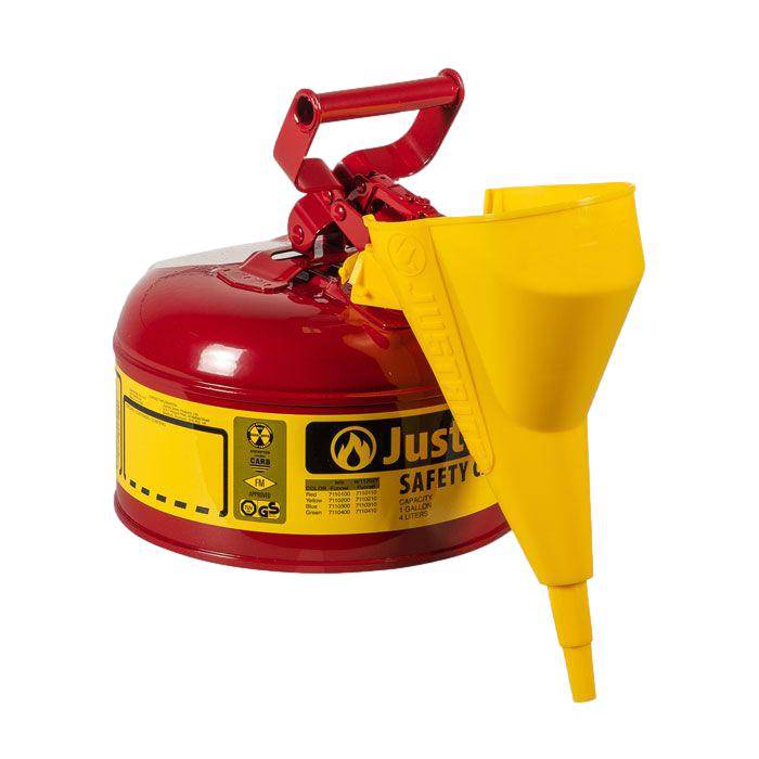 Type I Steel Safety Can, Funnel, 1 Gal,S/S Flame Arrest,Self-Close Lid - Justrite
