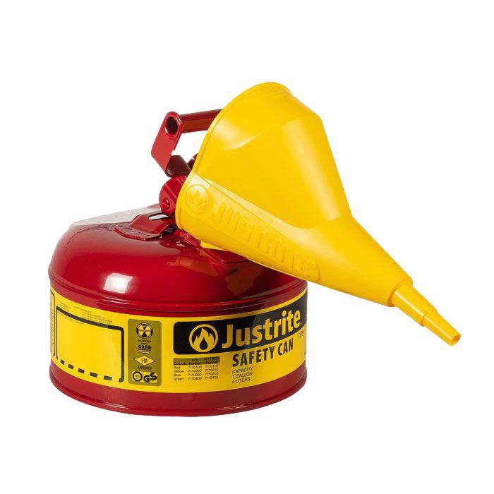 Type I Steel Safety Can, Funnel, 1 Gal,S/S Flame Arrest,Self-Close Lid - Justrite
