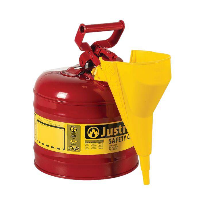 Type I Steel Safety Can, Funnel, 2 Gal,S/S Flame Arrest,Self-Close Lid - Justrite