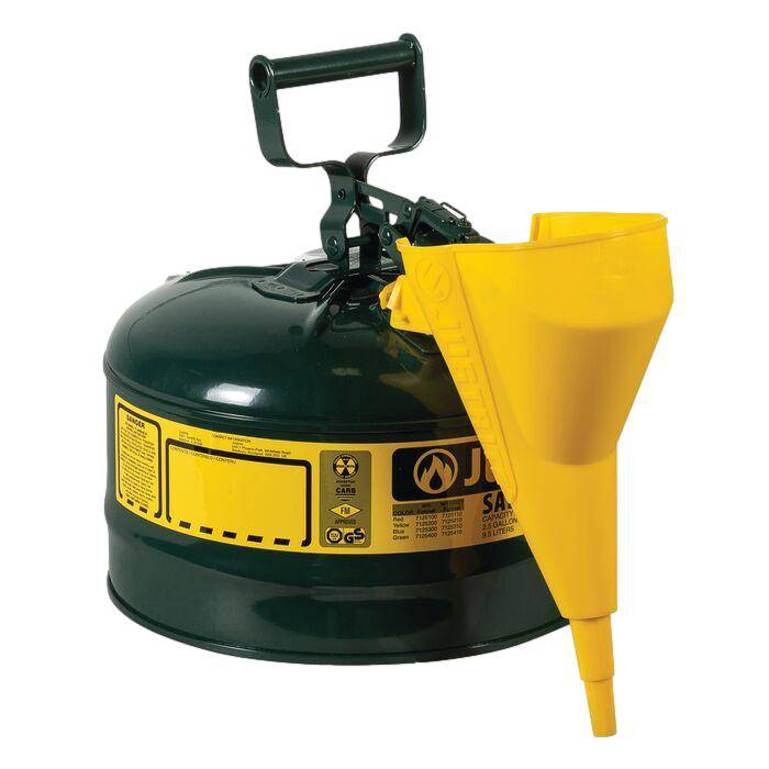 Type I Steel Safety Can, 2.5 Gal, S/S Flame Arrest, Self-Close Lid - Justrite