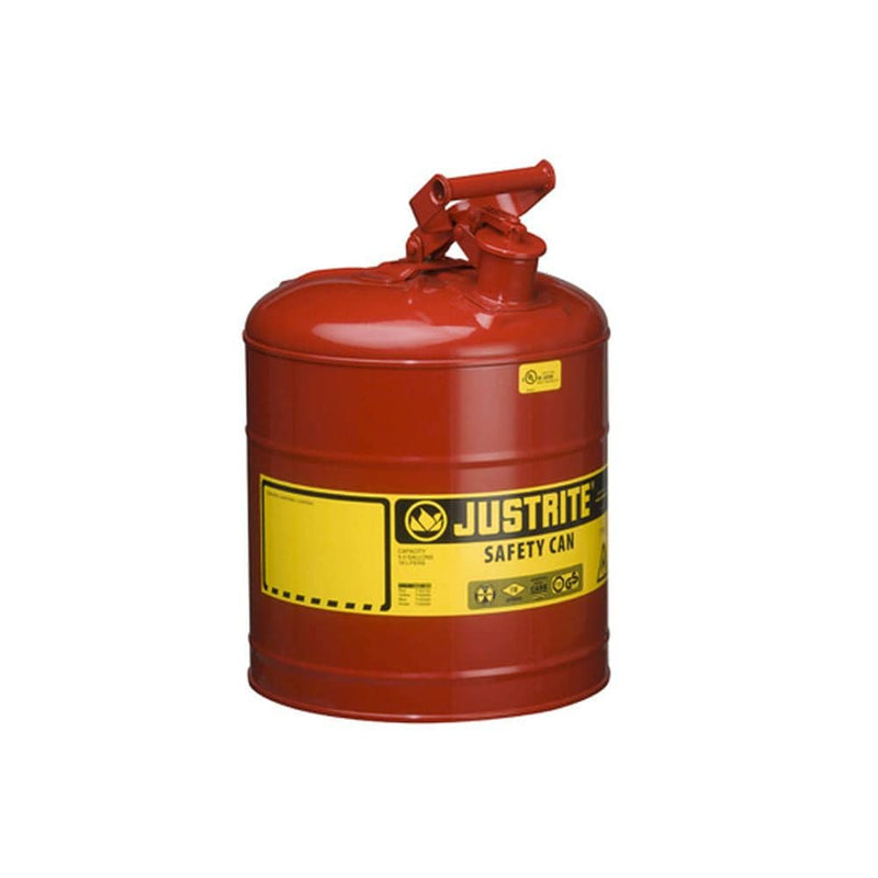 Type 1 Steel Safety Can, 5 Gal, S/S Flame Arrest,Self-Close Lid,Red - Justrite