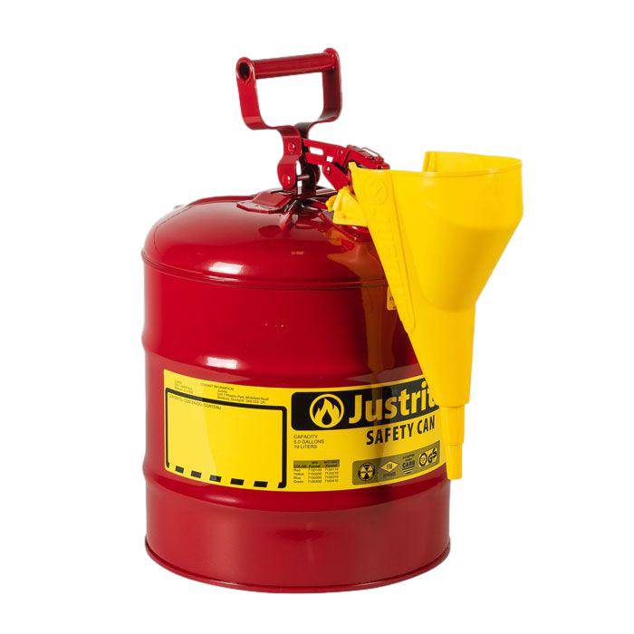 Type I Steel Safety Can, Funnel, 5 Gal,S/S Flame Arrest,Self-Close Lid - Justrite