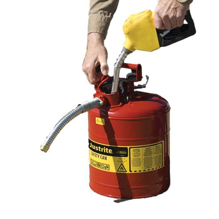 Type 2 AccuFlow Steel Safety Can, 5 Gal, S/S Flame Arrest, 1" Hose,Red - Justrite