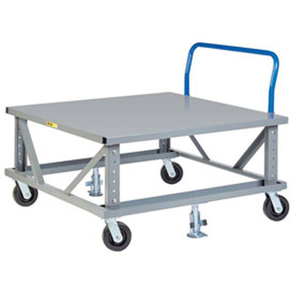 Ergonomic Adjustable Pallet Stand w/ Handle (Solid Deck) - 2 LOCKING 2 SWIVEL WHEELS - Little Giant