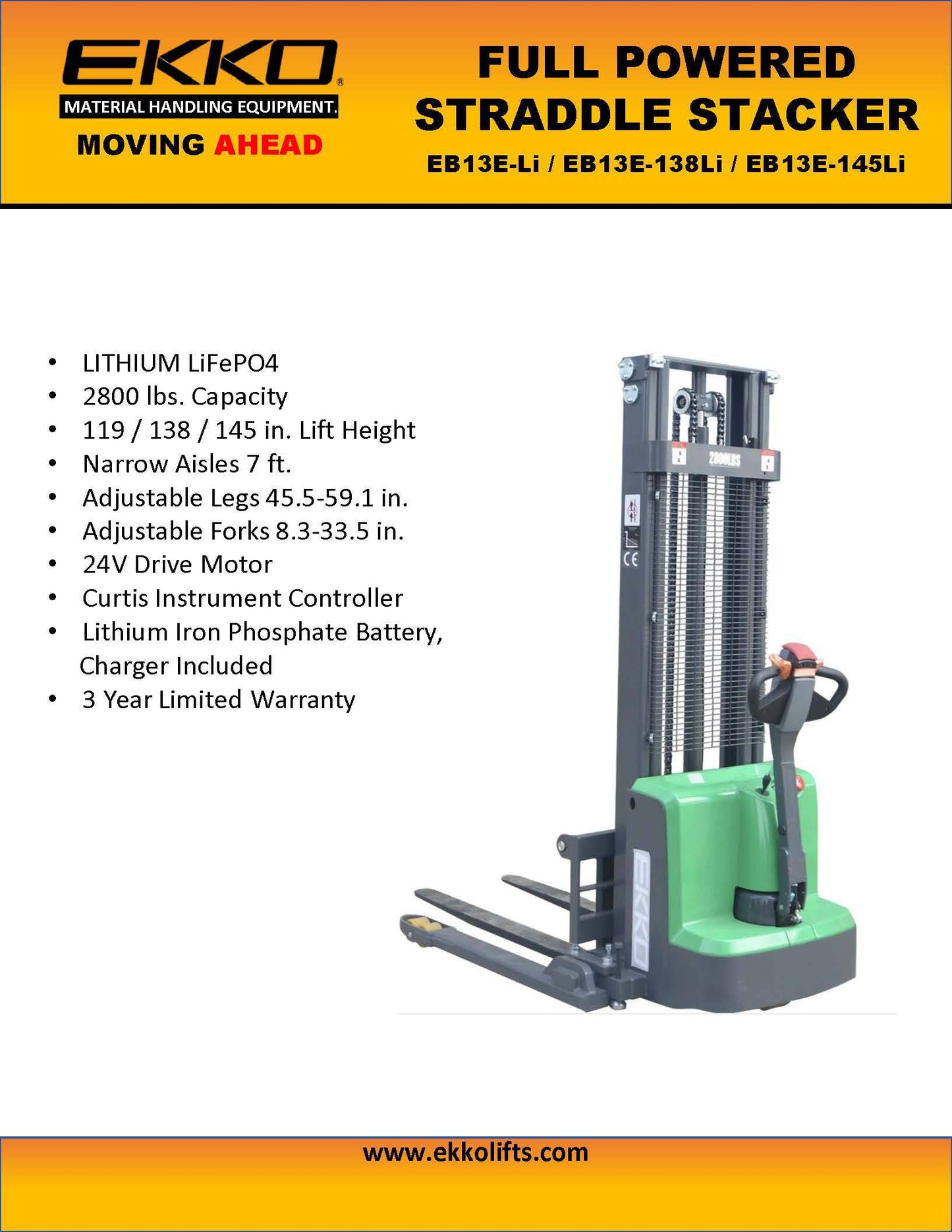 EKKO EB13E-LI Full Powered Straddle Stacker 2800 lb Capacity 119" Height - Ekko Lifts