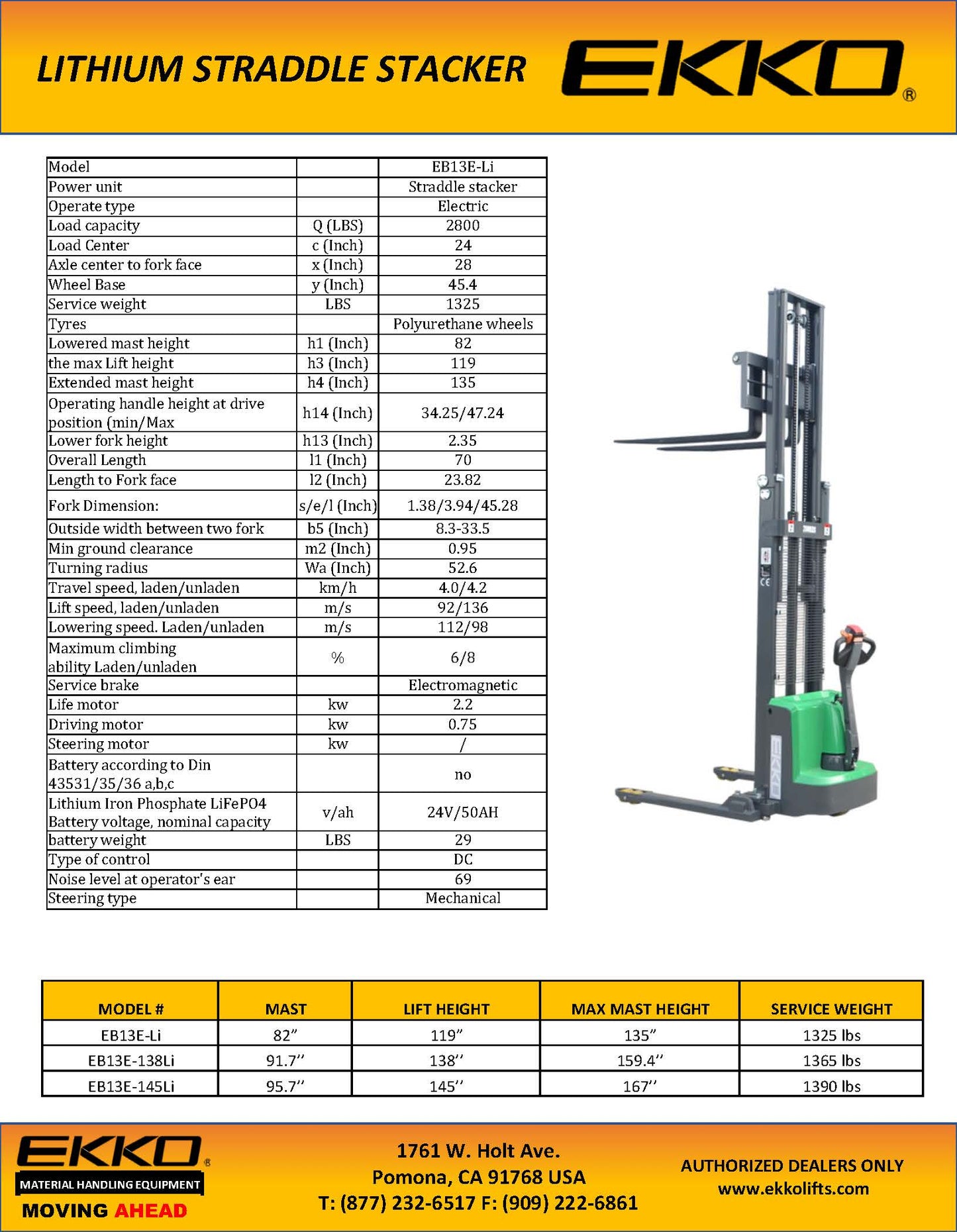 EKKO EB13E-LI Full Powered Straddle Stacker 2800 lb Capacity 119" Height - Ekko Lifts