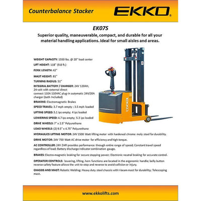 EKKO EK07S Counterbalance Walkie Stacker 118" Height - 1550 lbs Capacity - Ekko Lifts