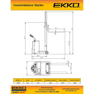 EKKO EK07S Counterbalance Walkie Stacker 118" Height - 1550 lbs Capacity - Ekko Lifts
