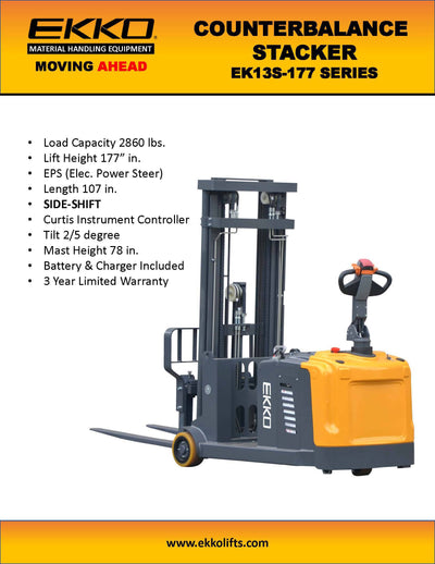 EKKO EK13S-177 Counterbalanced Walkie Stacker SIDE-SHIFTING - 2860 lbs Capacity - Ekko Lifts