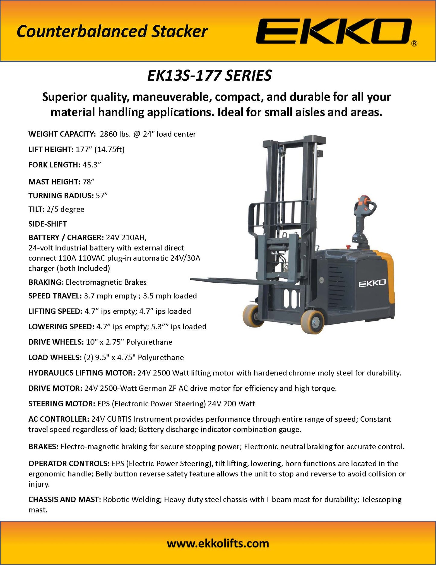 EKKO EK13S-177 Counterbalanced Walkie Stacker SIDE-SHIFTING - 2860 lbs Capacity - Ekko Lifts